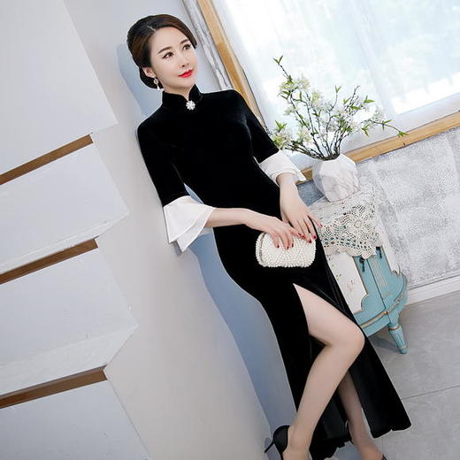 SXF-20-7340夏季新款复古中国风改良丝绒旗袍裙 商品图1