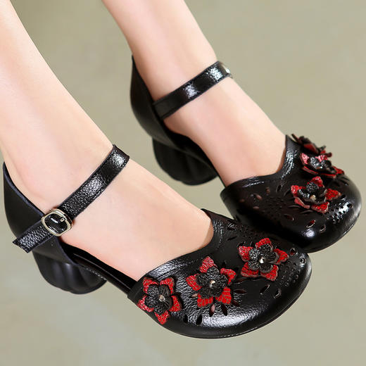BFLR-22846351真皮镂空花朵纹理底  浅口绑带搭扣舒适妈妈凉鞋 商品图3