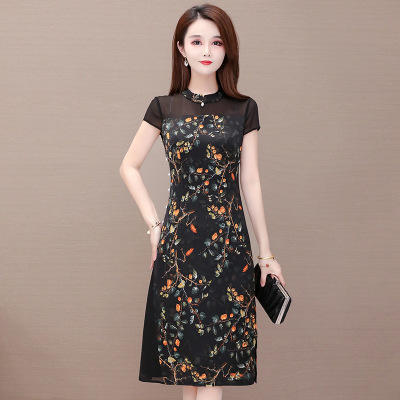 WETB-CS20A362高贵短袖印花连衣裙女中长款 商品图4