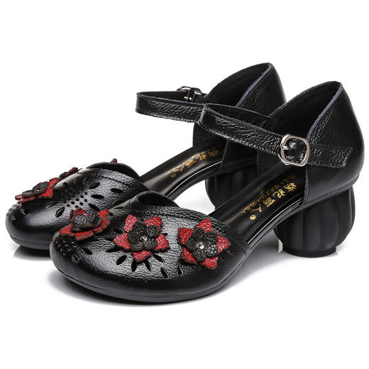 BFLR-22846351真皮镂空花朵纹理底  浅口绑带搭扣舒适妈妈凉鞋 商品图4