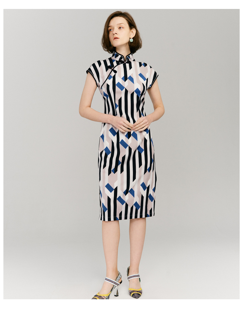 阿尤原创女装2020春夏新品中长款条纹旗袍裙斜襟长旗袍a202w20050