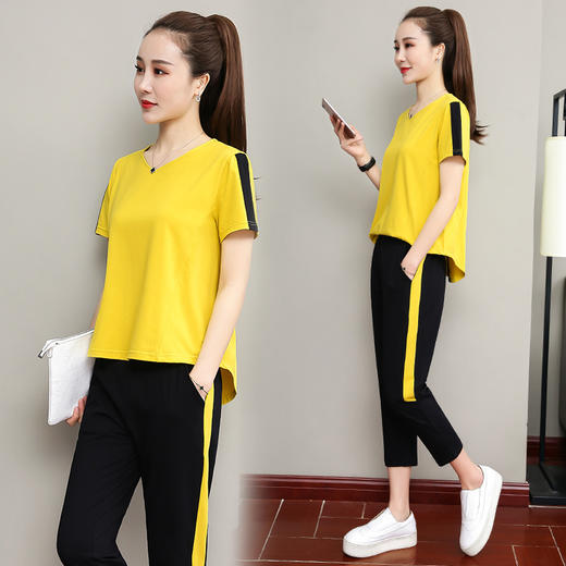 YMJ-9316新款韩版前短后长V领短袖七分裤休闲两件套潮 商品图1