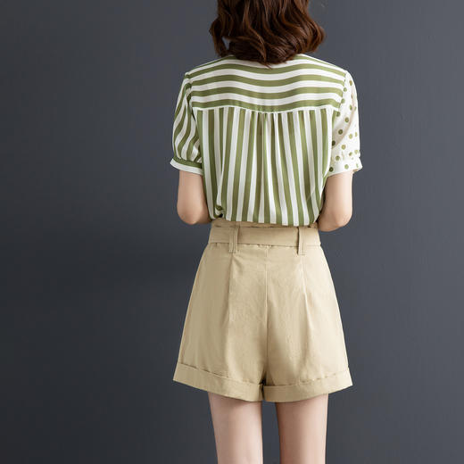 xwi夏季新品时尚百搭拼接系带领衬衫优雅纯色短裤xw