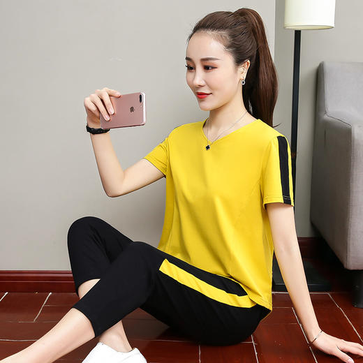 YMJ-9316新款韩版前短后长V领短袖七分裤休闲两件套潮 商品图3