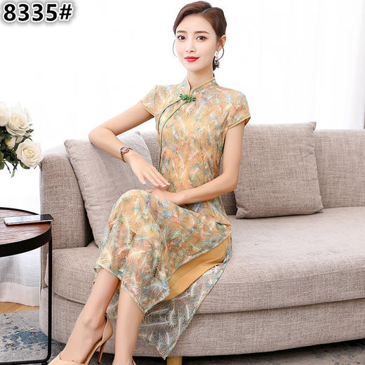 HT8335新款中国风优雅气质修身立领蕾丝印花中长款旗袍裙TZF 商品图0