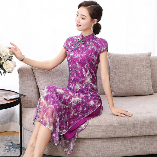 HT8335新款中国风优雅气质修身立领蕾丝印花中长款旗袍裙TZF 商品图4