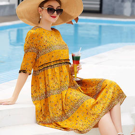 WYFH0505素绉缎真丝2020新款宽松圆领短袖印花高名媛连衣裙