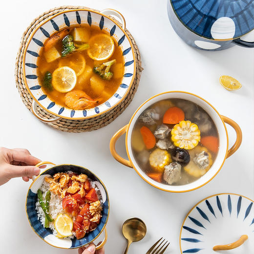 摩登主妇青瑶日式餐具双耳汤碗单个家用陶瓷面碗大号汤盆带盖创意 商品图2
