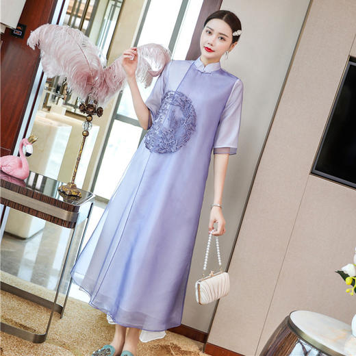 FNZD2087新款中国风优雅气质宽松立领刺绣连衣裙TZF 商品图3