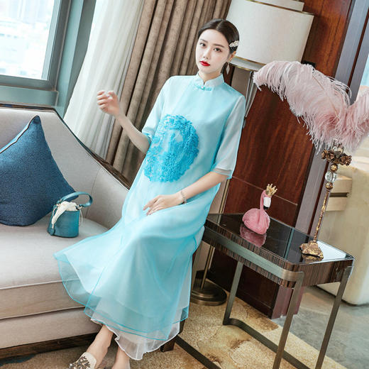 FNZD2087新款中国风优雅气质宽松立领刺绣连衣裙TZF 商品图0