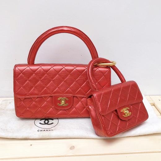 chanel香奈儿红色镜面珠光cf子母包
