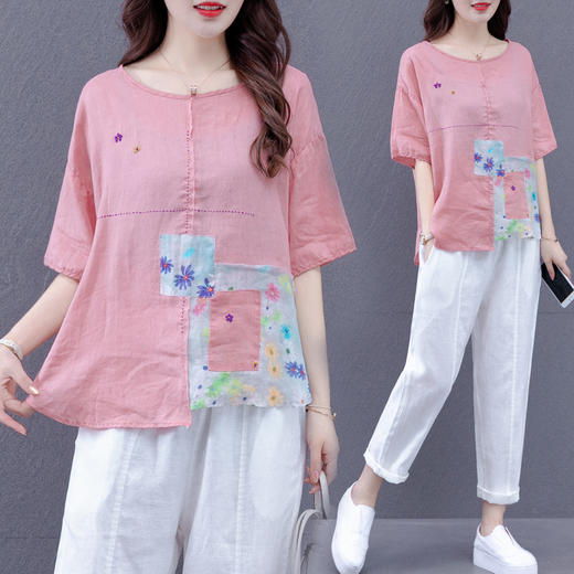 JN-592F0棉麻文艺哈伦裤碎花刺绣T恤宽松大码两件套 商品图0
