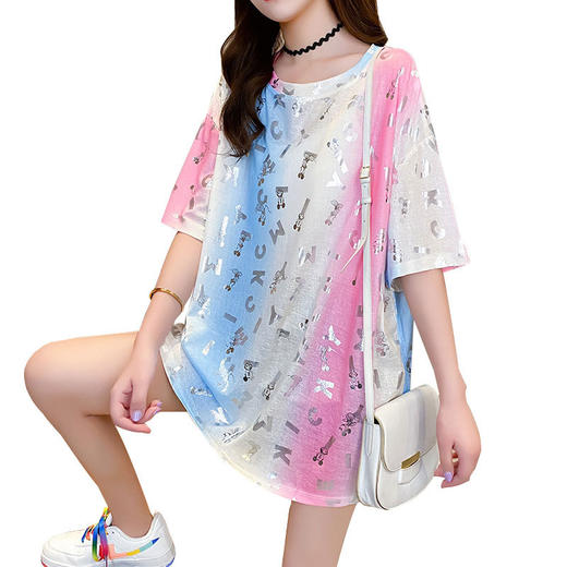 QQ-84606F619B个性彩虹色时尚印花中长款T恤女装 商品图4