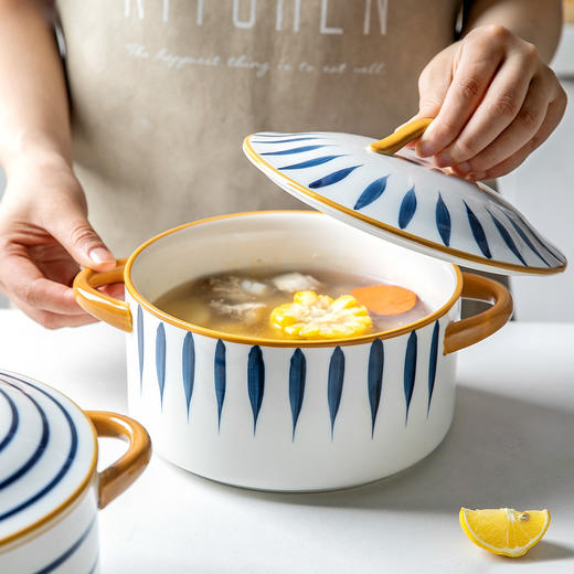 摩登主妇青瑶日式餐具双耳汤碗单个家用陶瓷面碗大号汤盆带盖创意 商品图0