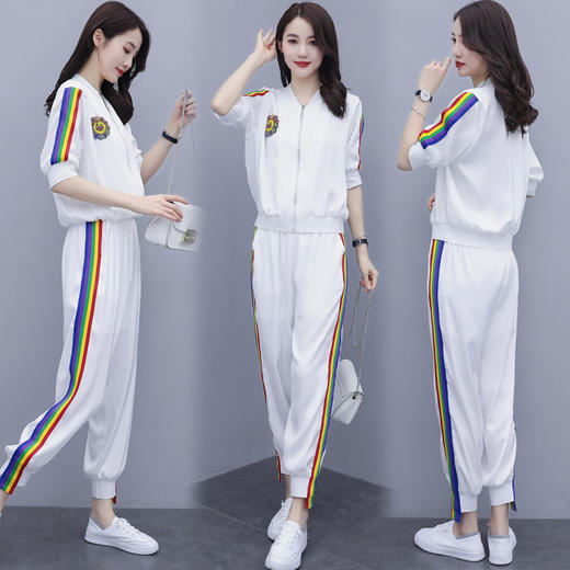 WZNH-WQ89919夏季休闲时尚显瘦两件套彩色螺纹宽松套装 商品图1