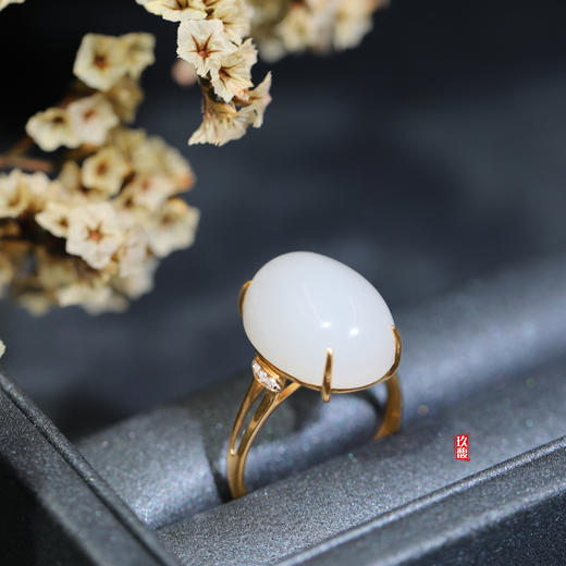 18k玫瑰金和田玉白玉镶钻戒指寻梦蛋面1216mm圈口请备注留言