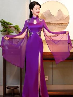 MB-优雅中国风，绣花走秀长款改良版旗袍礼服