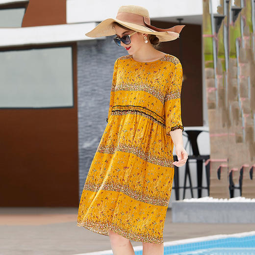 WYFH0505素绉缎真丝2020新款宽松圆领短袖印花高名媛连衣裙 商品图2