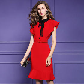 FMY-F20XL30489纯色短袖2020夏装轻熟风气质收腰显瘦中长款鱼尾裙