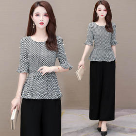 YWE  AYW209气质五分袖条纹雪纺衫休闲阔腿裤套装【优】