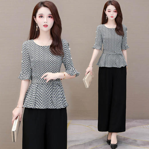 YWE  AYW209气质五分袖条纹雪纺衫休闲阔腿裤套装【优】 商品图0