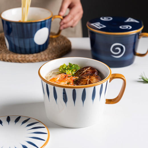 摩登主妇日式泡面碗宿舍用学生单个带柄陶瓷碗带盖拉面碗便携餐具 商品图1