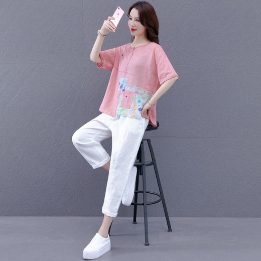JN-592F0棉麻文艺哈伦裤碎花刺绣T恤宽松大码两件套 商品图2