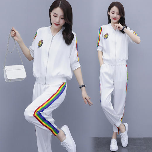 WZNH-WQ89919夏季休闲时尚显瘦两件套彩色螺纹宽松套装 商品图0