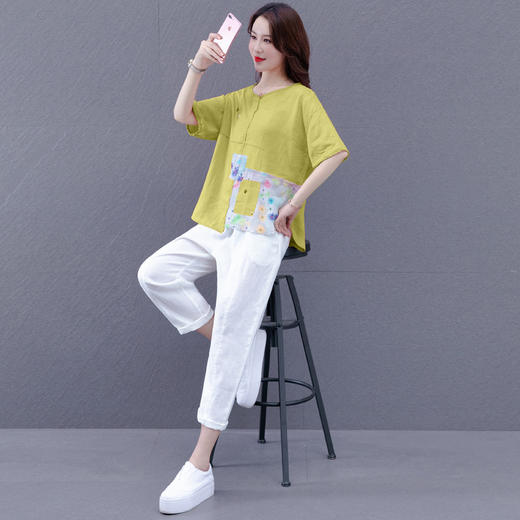 JN-592F0棉麻文艺哈伦裤碎花刺绣T恤宽松大码两件套 商品图3