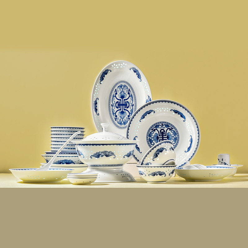 富玉陶瓷 | 青花玲珑瓷 五福捧寿餐具散件