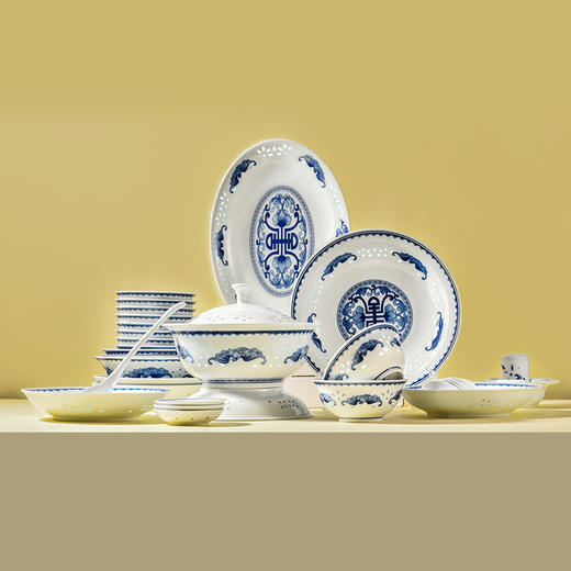 富玉陶瓷 | 青花玲珑瓷 五福捧寿餐具散件 商品图0