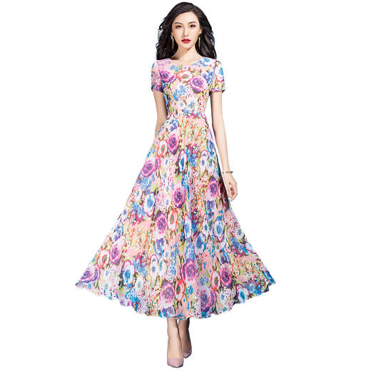 SSGS-D355新款优雅气质收腰显瘦遮肚长款大摆印花连衣裙 商品图1