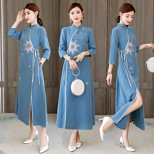 HT-N-E253-9156-156新款中国风宽松立领刺绣系带七分袖连衣裙TZF 商品图0