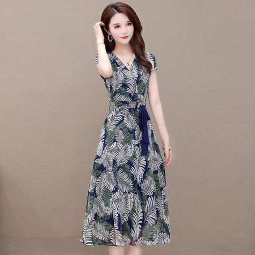 YW-TB-MLN8030修身气质，减龄收腰短袖雪纺印花连衣裙 商品图1