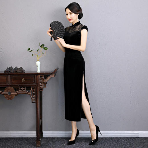 上海旗袍厂BJ-180197新款改良旗袍 长款高开衩复古镂空丝绒旗袍连衣裙 商品图1