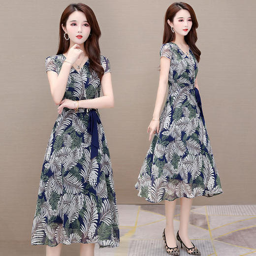 YW-TB-MLN8030修身气质，减龄收腰短袖雪纺印花连衣裙 商品图3
