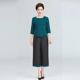 HCFS1805新款优雅气质桑蚕丝刺绣上衣阔腿裤两件套