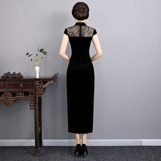 上海旗袍厂BJ-180197新款改良旗袍 长款高开衩复古镂空丝绒旗袍连衣裙 商品图4