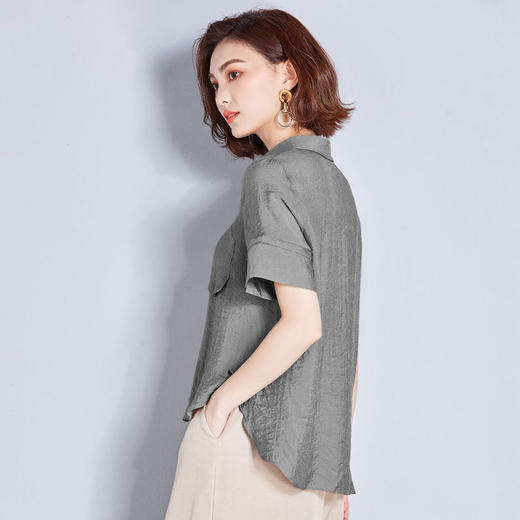 yq760冰丝衬衣女2020新款宽松夏装前短后长衬衫女短袖咖色上衣