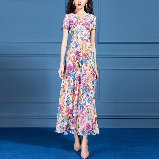 SSGS-D355新款优雅气质收腰显瘦遮肚长款大摆印花连衣裙 商品图0