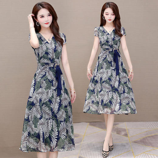 YW-TB-MLN8030修身气质，减龄收腰短袖雪纺印花连衣裙 商品图4