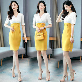 XP-MXE1219季短袖中裙V领高腰简约时尚连衣裙