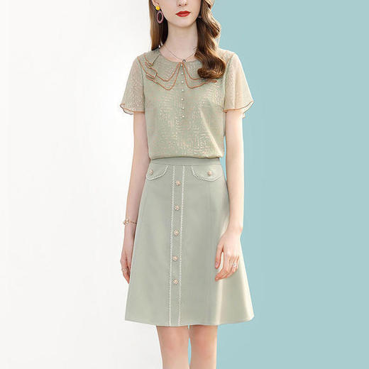 休闲时尚绿色雪纺套装裙2020新款上衣裙子两件套htoln9778