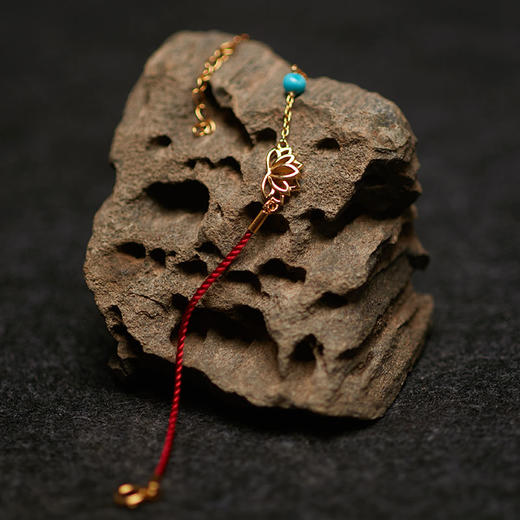 醍醐 莲花红绳手链 925银镀金 天然原矿松石 商品图1