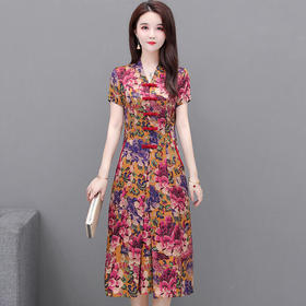 QYM-XYKL-TK13新款优雅气质修身印花短袖连衣裙