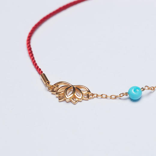 醍醐 莲花红绳手链 925银镀金 天然原矿松石 商品图6