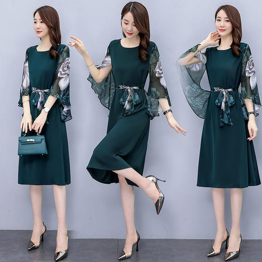 WZNH-ZYQ6090 配腰带  短袖中长款圆领优雅潮流连衣裙 商品图3