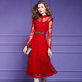 FMY-F20CL30378夏新款轻熟气质显瘦修身超仙过膝蕾丝连衣裙