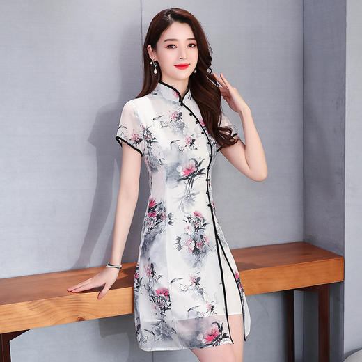 YYX-9276夏新款中国风复古修身显瘦短袖印花裙 商品图0