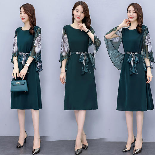 WZNH-ZYQ6090 配腰带  短袖中长款圆领优雅潮流连衣裙 商品图2